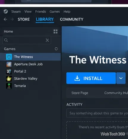 El testigo seleccionado en la biblioteca de Steam con el botón azul de instalación visible.