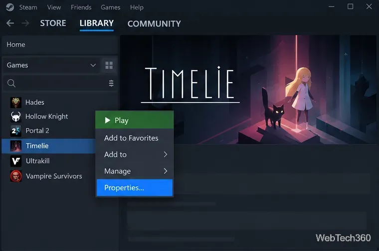 قائمة السياق الخاصة بمكتبة Steam لـ Timelie مع تمييز الخصائص
