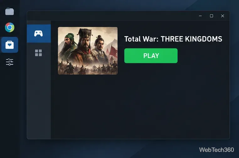Entrée de la bibliothèque Steam pour Total War : THREE KINGDOMS avec un bouton Jouer vert