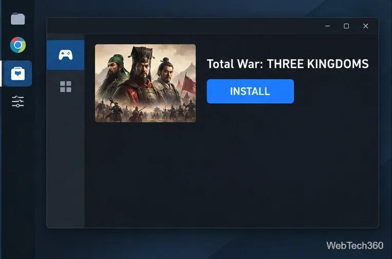 Entrée dans la bibliothèque Steam pour Total War : THREE KINGDOMS avec un bouton Installer bleu