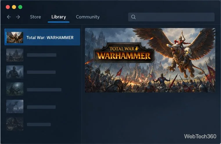 مكتبة ستيم مع تحديد لعبة Total War: WARHAMMER في قائمة الألعاب.