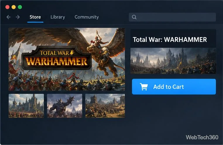قائمة لعبة Total War: WARHAMMER على منصة Steam مع زر "إضافة إلى السلة".