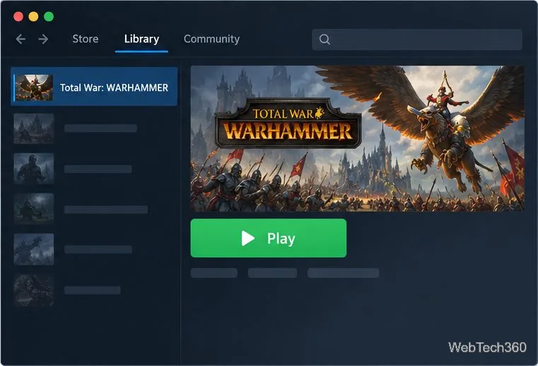صفحة مكتبة ستيم للعبة Total War: WARHAMMER مع زر تشغيل أخضر.