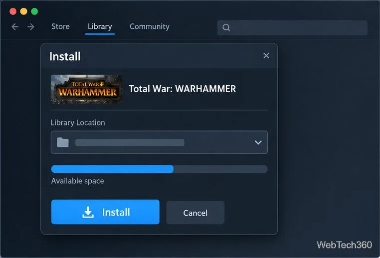 نافذة تثبيت Steam تحتوي على محدد موقع المكتبة وزر تثبيت.