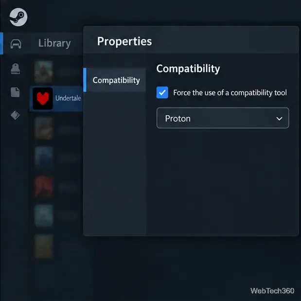 Painel de compatibilidade das propriedades do Steam com a opção de forçar uma ferramenta de compatibilidade e um seletor Proton.