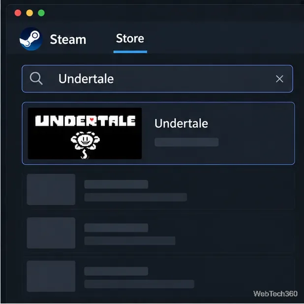 Resultados da busca na Steam Store com Undertale digitado no campo de busca e o jogo exibido como resultado.