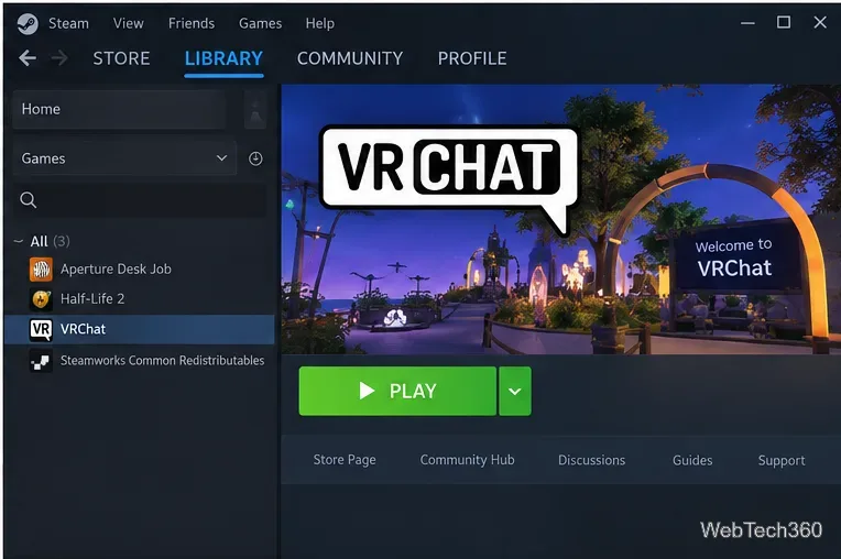 Linux上のSteamライブラリに、VRChatが起動準備完了状態で再生ボタンが表示されている。