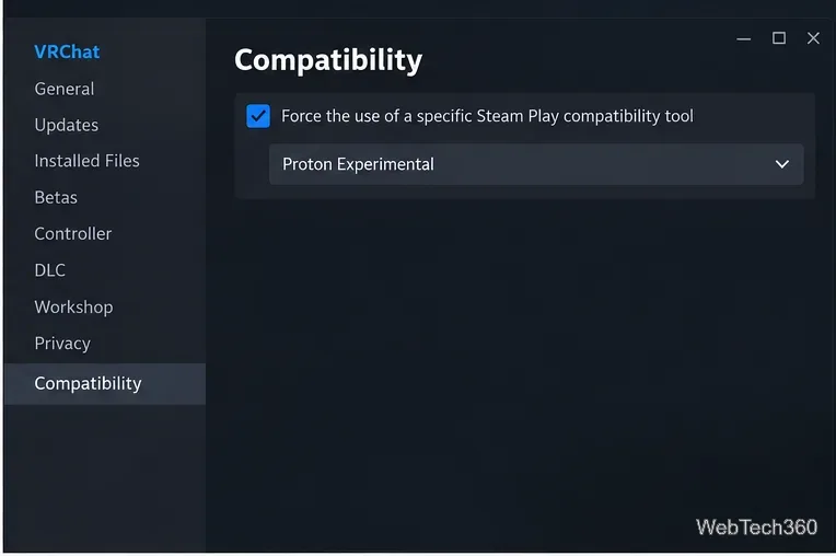 Steam VRChat互換性設定でProton Experimentalが選択されています