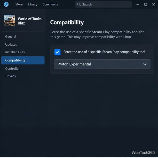 World of Tanks Blitz Properties Compatibility page with a Proton compatibility tool selected