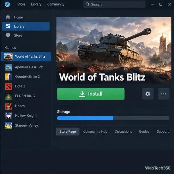 World of Tanks Blitz selected in the Steam Library with an Install button