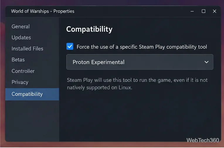 Steam Properties Compatibility page for World of Warships with the Steam Play compatibility tool option enabled and Proton Experimental selected