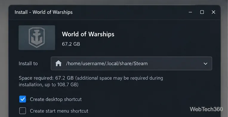 World of Warships installation window showing a Steam library path, 67.2 GB game size, and additional temporary space needed during installation