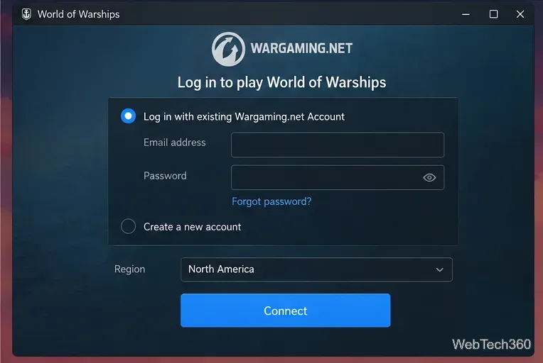 World of Warships first-launch sign-in screen with an existing Wargaming.net account option, create-account option, region selector, and Connect button