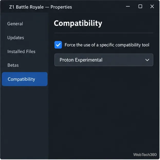 Illustration des propriétés de Z1 Battle Royale dans l'onglet Compatibilité avec Proton Experimental sélectionné.