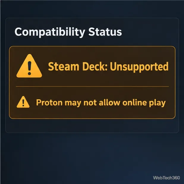 Illustration d'une carte d'état de compatibilité indiquant « Steam Deck : non pris en charge » et avertissant que Proton pourrait ne pas permettre le jeu en ligne.