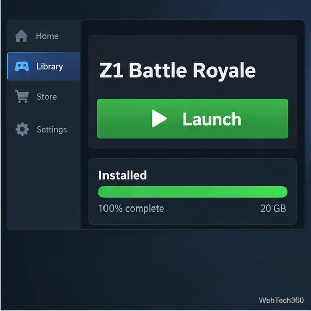 Illustration de Z1 Battle Royale installé dans la bibliothèque Steam, avec un bouton de lancement et une barre de téléchargement terminée.