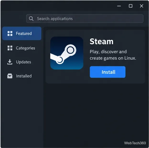 Illustration d'un centre logiciel Linux affichant l'application Steam avec un bouton Installer.