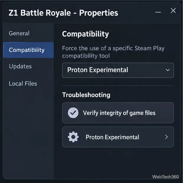 Illustration des propriétés du jeu Z1 Battle Royale avec un sélecteur Proton et un contrôle de vérification de l'intégrité des fichiers du jeu.