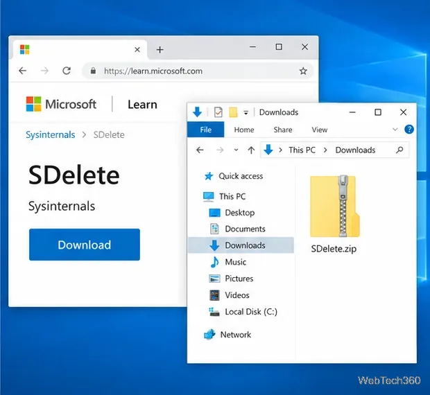Страница Microsoft Learn, посвященная Sysinternals SDelete, находится рядом с папкой «Загрузки», содержащей ZIP-архив SDelete.
