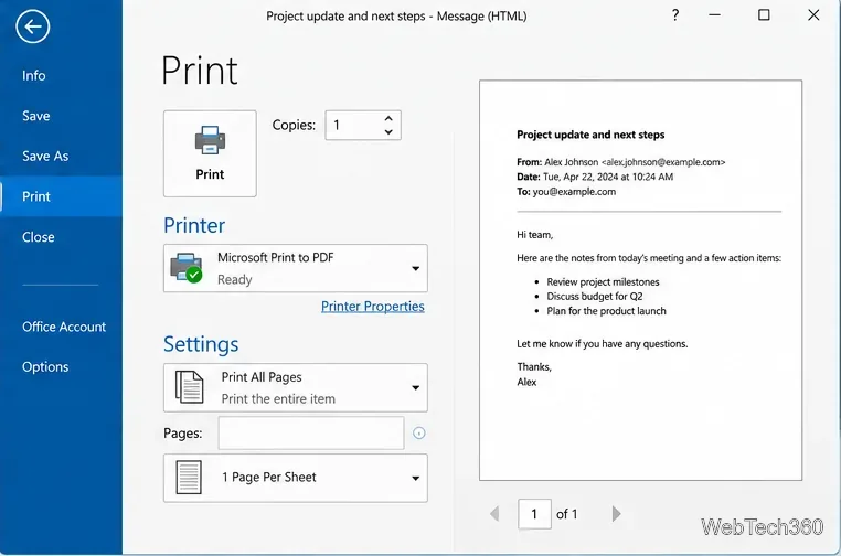 Классический скриншот Outlook с выбранной функцией Microsoft Print to PDF и предварительным просмотром письма справа.