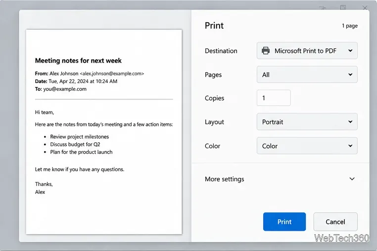 Предварительный просмотр печати в браузере Windows, отображающий электронное письмо и выбранный в качестве места назначения файл Microsoft Print to PDF.
