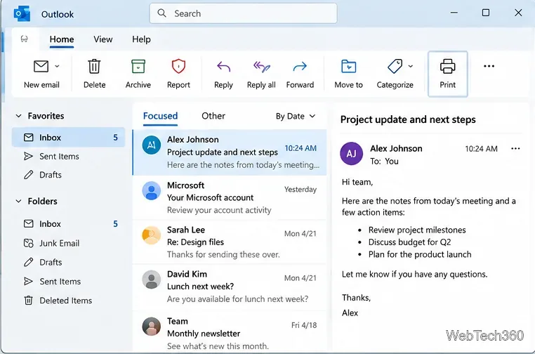 Новый Outlook для Windows с выбранным электронным письмом и видимой кнопкой «Печать» на вкладке «Главная»