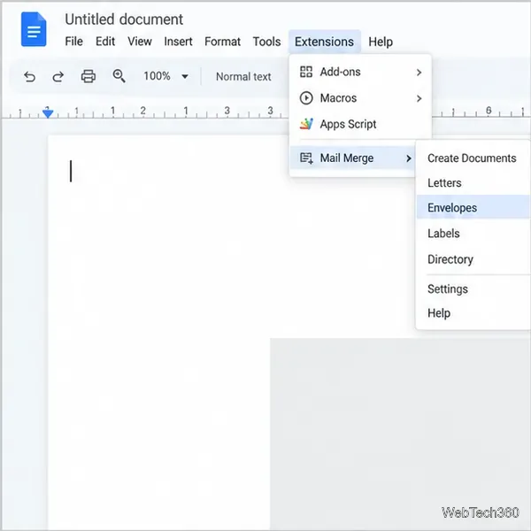 Menu de extensões do Google Docs com as opções Mala Direta e Envelopes destacadas.