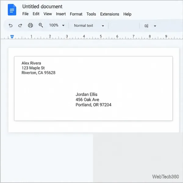 Layout de envelope do Google Docs com o endereço do remetente no canto superior esquerdo e o endereço do destinatário no centro inferior.