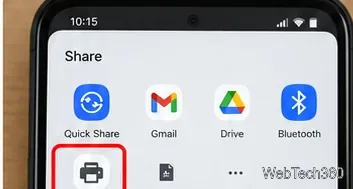 Panneau de partage Android avec une icône d'imprimante parmi les options de partage