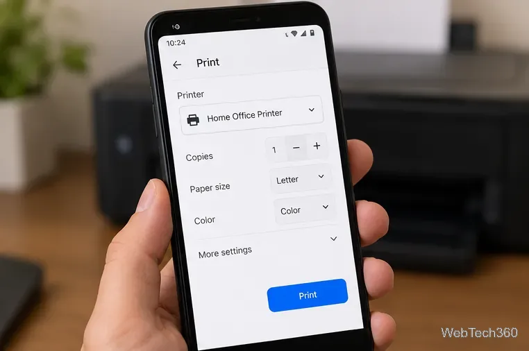 Capture d'écran Android avec une imprimante de bureau à domicile sélectionnée, le nombre de copies, le format de papier et le bouton Imprimer