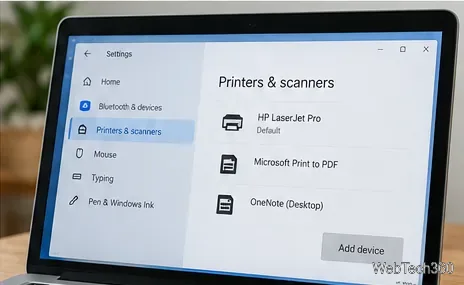 Paramètres Windows affichant les imprimantes et les scanners avec une imprimante de bureau installée