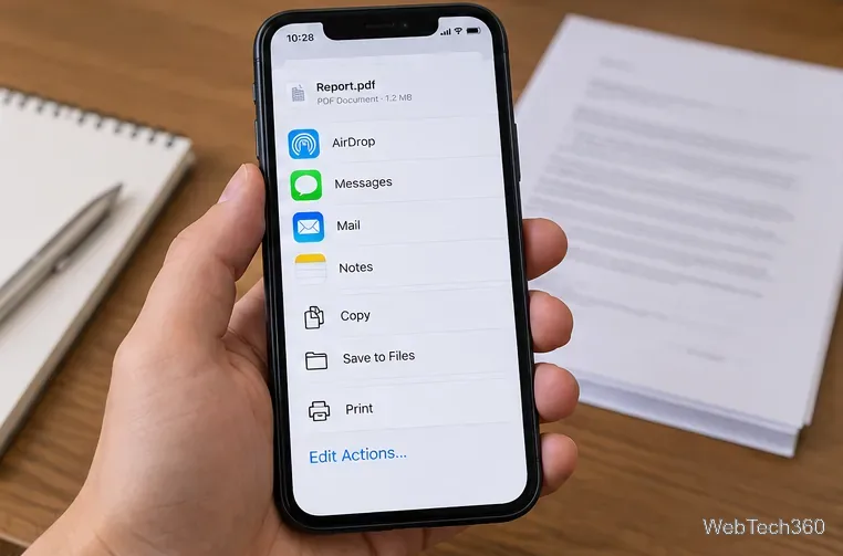 Menu de partage iPhone affichant une option Imprimer pour un document PDF