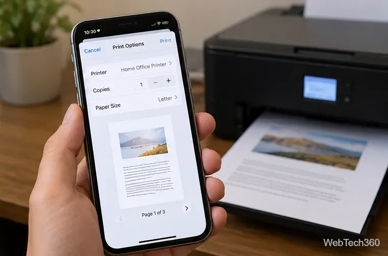 Aperçu des options d'impression de l'iPhone à côté d'une imprimante en train d'alimenter un document