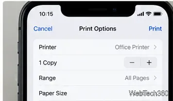 Options d'impression de l'iPhone : sélection de l'imprimante, nombre de copies, plage de pages et format du papier