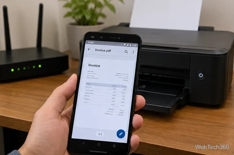Un téléphone Android affichant une facture au format PDF à côté d'une imprimante de bureau allumée