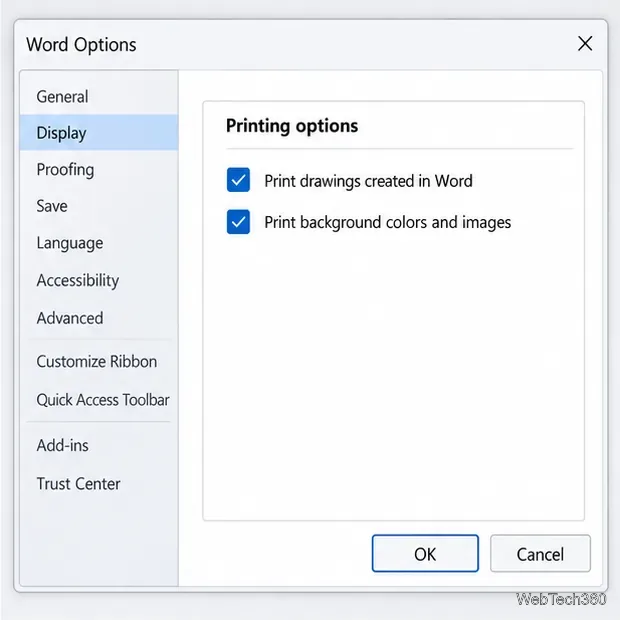 Illustrative Word Options Display panel with Print background colors and images checked, alongside the separate drawings option