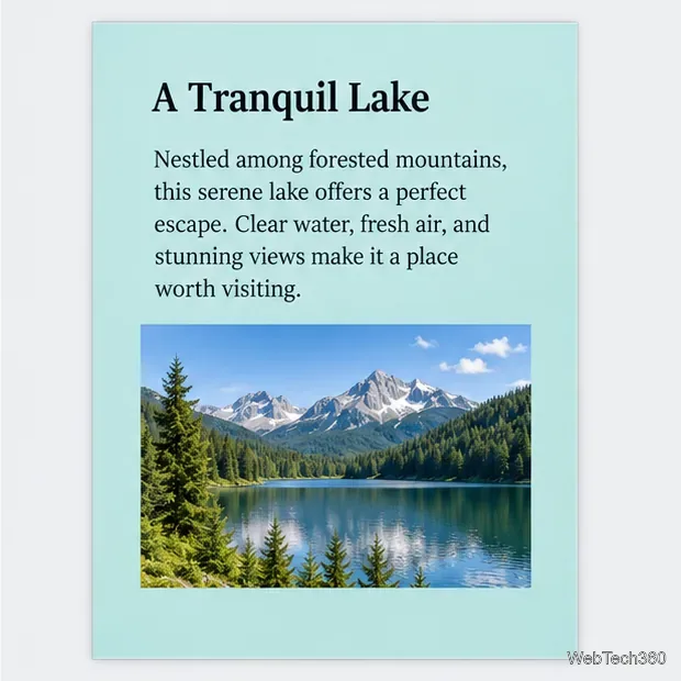 Illustrative print preview of a pale teal page showing a dark heading, body text, and a landscape photo