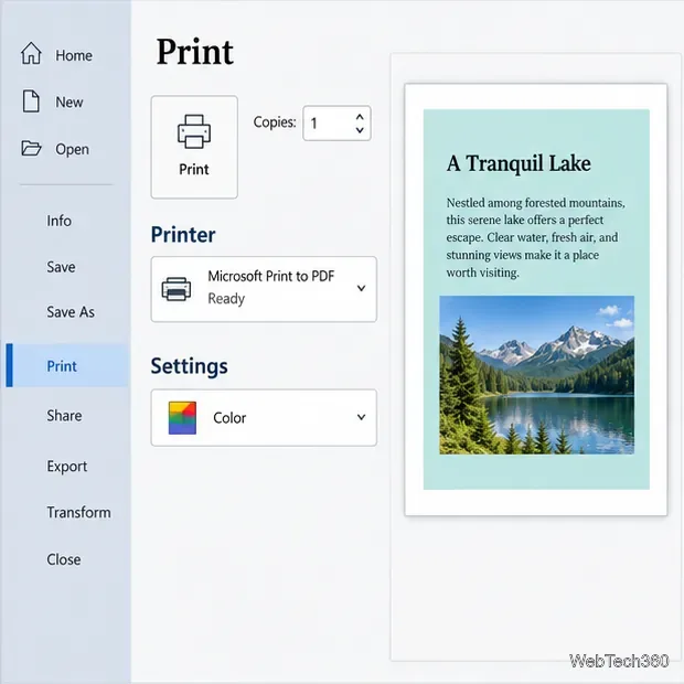 Illustrative Word Print view with Color selected and a page preview; the example also shows a PDF printer in the printer list