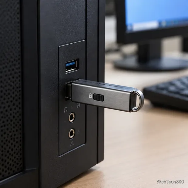 Clé USB verrouillée matériellement, branchée sur une tour d'ordinateur de bureau