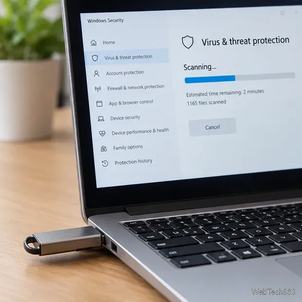 Un ordinateur portable avec une clé USB connectée pendant qu'une analyse antivirus et de protection contre les menaces Windows est affichée
