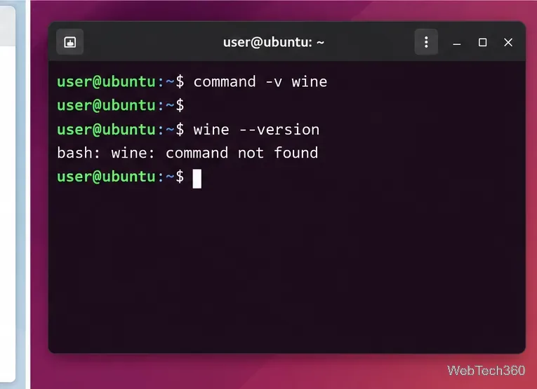 La terminal de Ubuntu no muestra la ruta del comando Wine y aparece el mensaje "comando wine no encontrado".