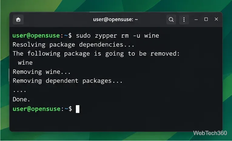 Terminal de openSUSE en ejecución sudo zypper rm -u wine