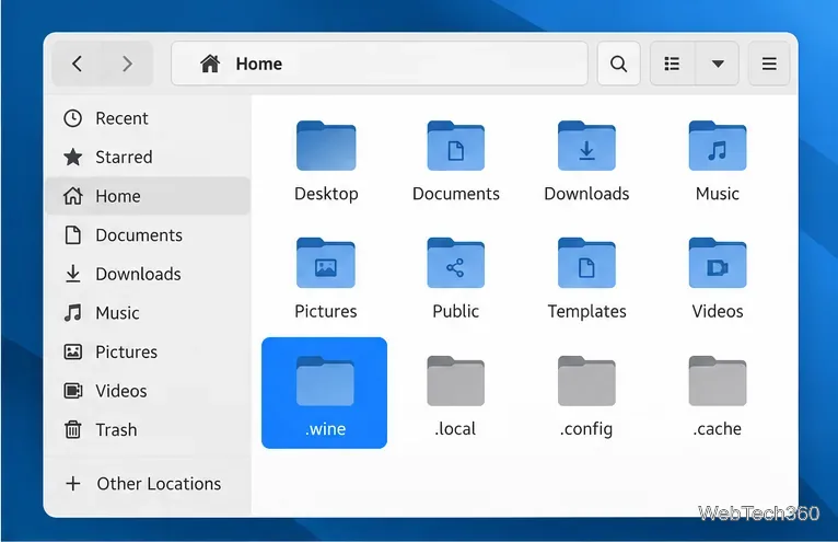 Administrador de archivos de Linux con la carpeta oculta .wine seleccionada en el directorio principal.
