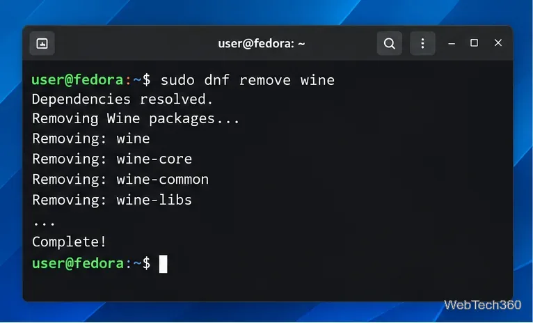 Terminal de Fedora ejecutando sudo dnf remove wine