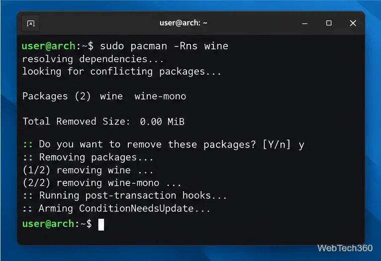 Terminal de Arch Linux ejecutando sudo pacman -Rns wine