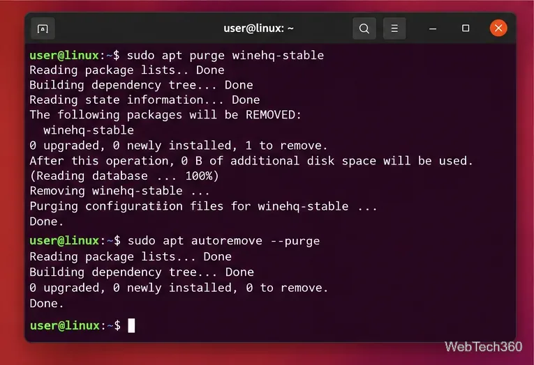Terminal Linux ejecutando apt purge winehq-stable seguido de apt autoremove --purge