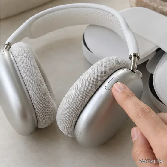 AirPods Maxの右側のイヤーカップにある長方形のコントロールを指先で押す