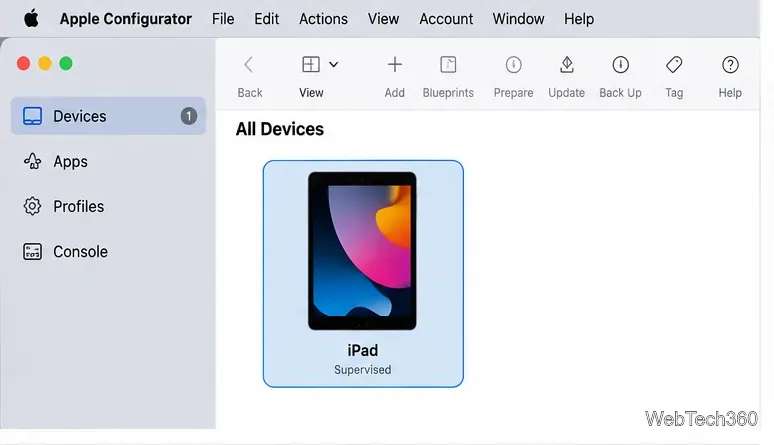Apple Configurator su Mac che mostra un iPad supervisionato
