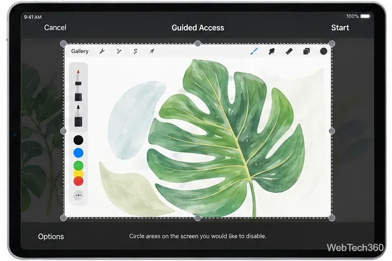 Schermata di configurazione di Accesso Guidato su un'app di disegno per iPad