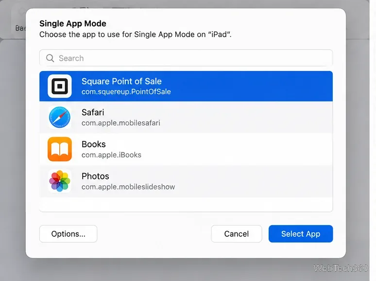 Finestra di selezione dell'app Modalità app singola di Apple Configurator
